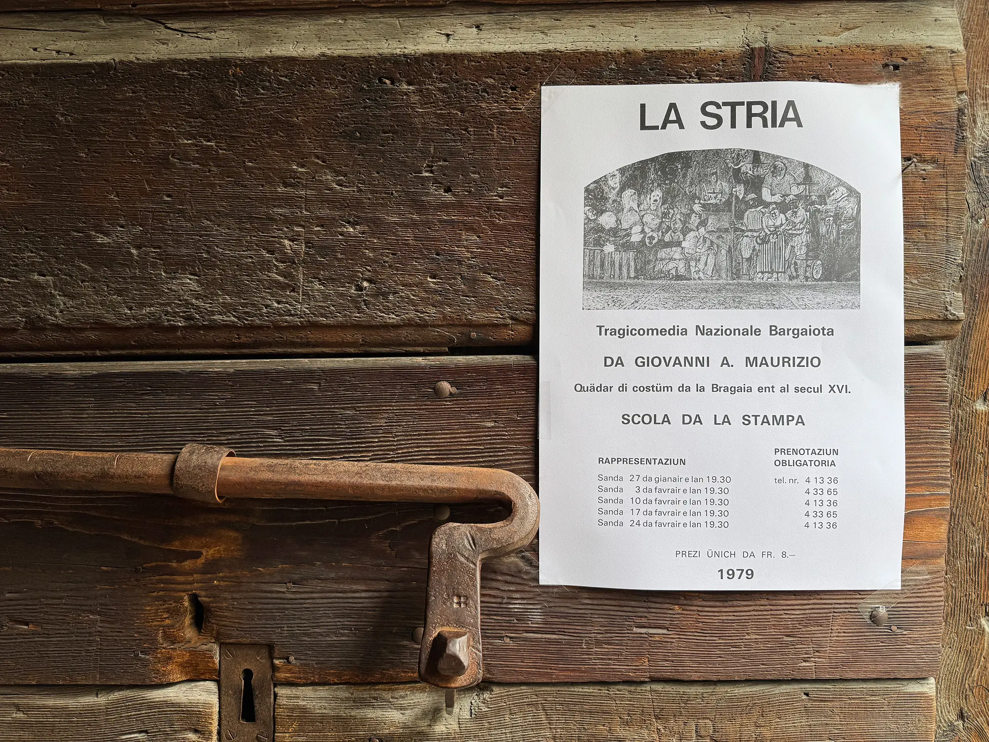 Porta Pretorio Vicosoprano con locandina del 1979 recante date rappresentazione "La Stria"