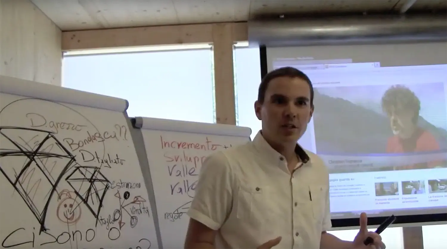 Un uomo sta presentando di fronte a un pubblico, con un diagramma su una lavagna e un video visibile su uno schermo. È in un ambiente luminoso con pareti di legno.