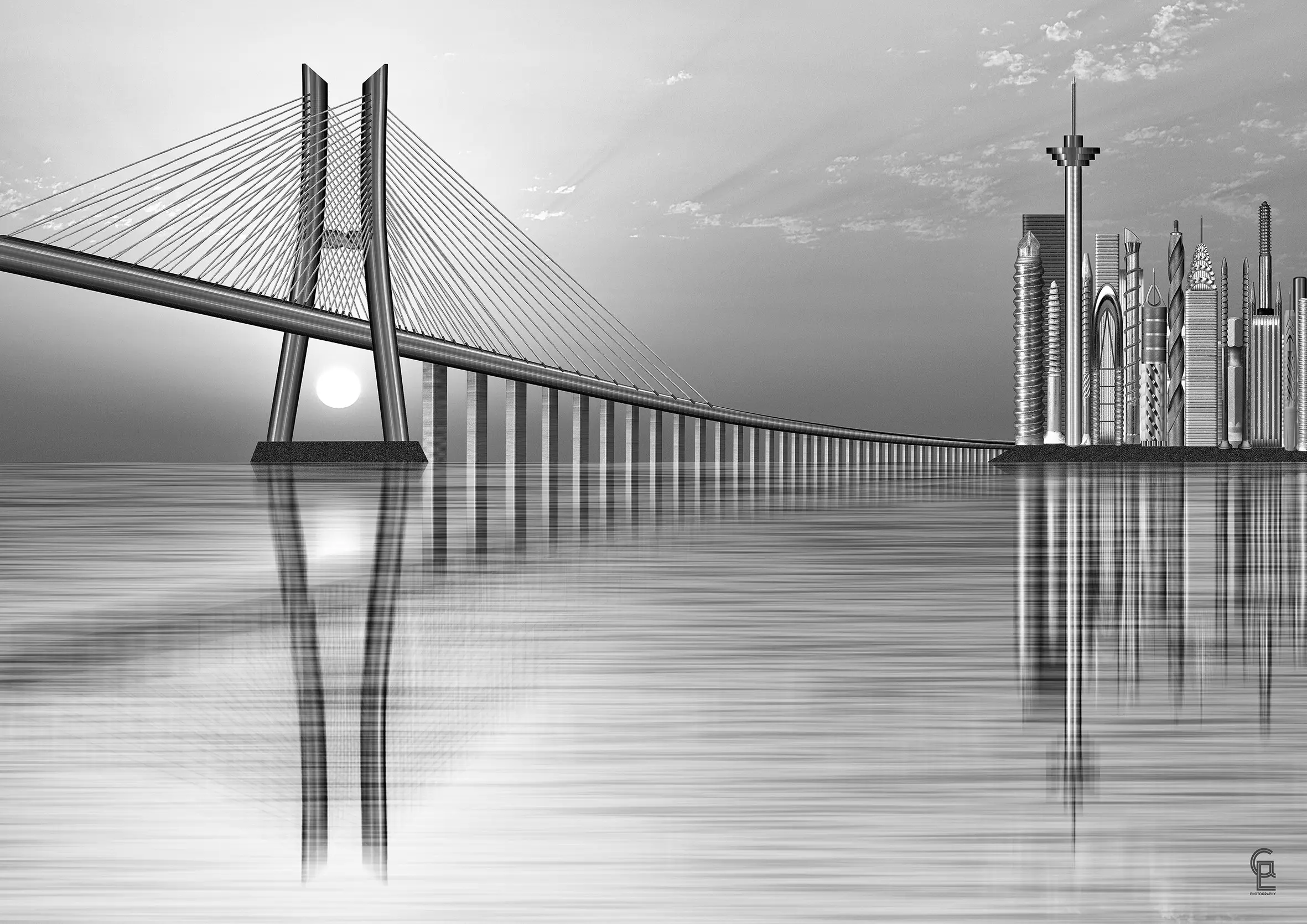 Un ponte sospeso enorme si estende verso una skyline futuristica riflessa in acque calme, sotto un cielo nuvoloso.