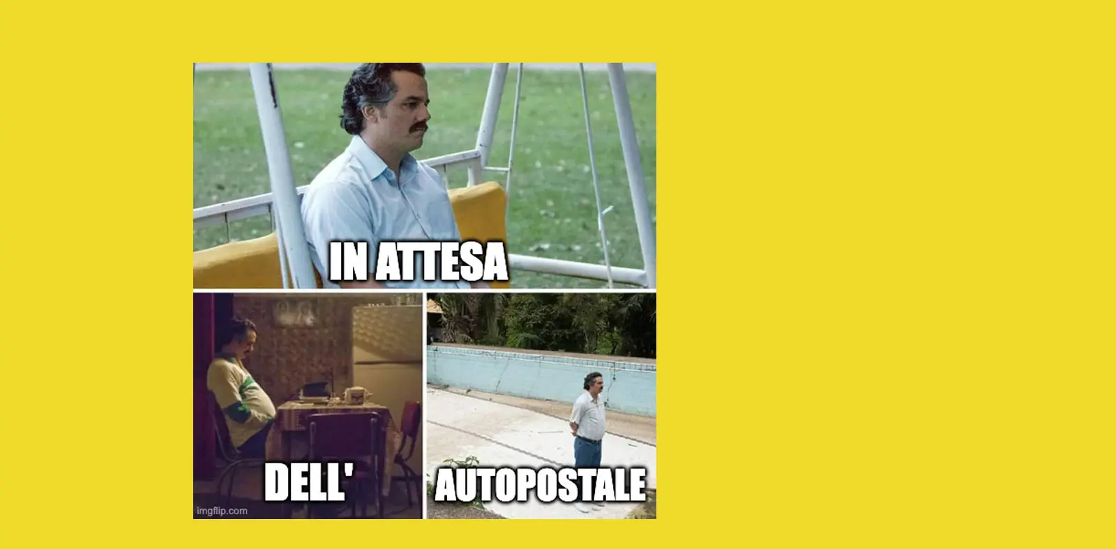 Uomo seduto in una panchina che attende, con testo che dice "In attesa dell'autopostale". Collage con altre immagini di lui seduto a un tavolo e vicino a una piscina. Sfondo giallo brillante.