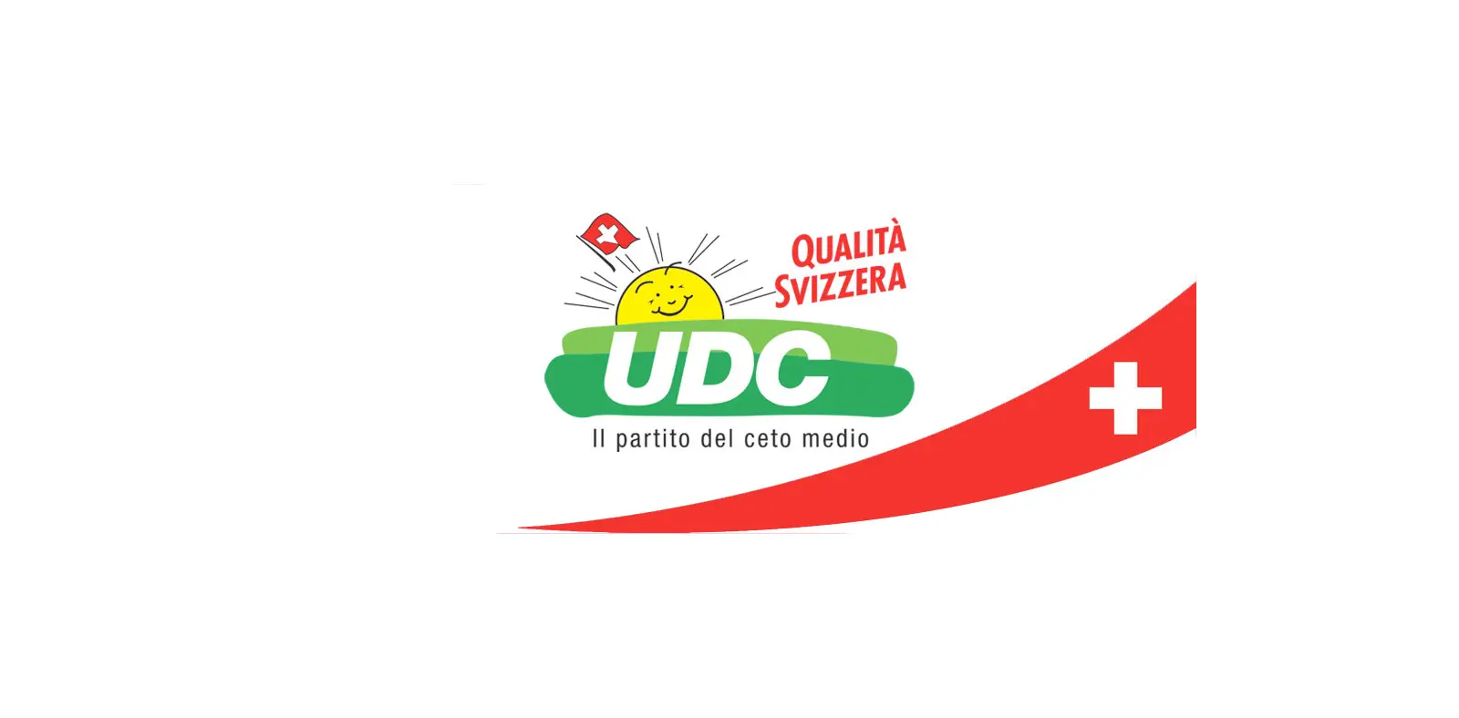 Logo del partito UDC, con un sole sorridente e la scritta "Qualità Svizzera". Il design include una base verde con il testo "UDC" sopra e una bandiera svizzera.