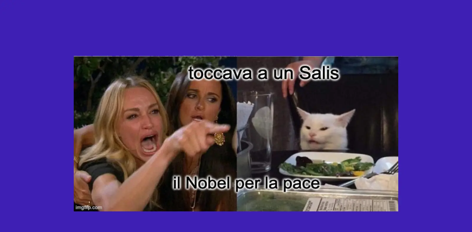 Ragazza arrabbiata che grida mentre un'altra donna la osserva, con un gatto bianco seduto a tavola che guarda un piatto di insalata. Testo sopra: "Toccava a un Salis". Testo sotto: "Il Nobel per la pace".
