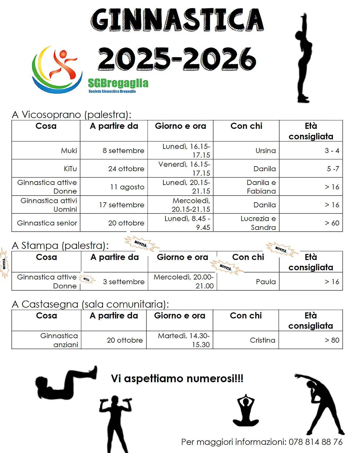 Programma di ginnastica per il 2025-2026 con dettagli sui corsi a Vicosoprano, Stampa e Castasegna. Include date, orari, nomi degli istruttori e fasce d'età consigliate. Contiene contatti per ulteriori informazioni