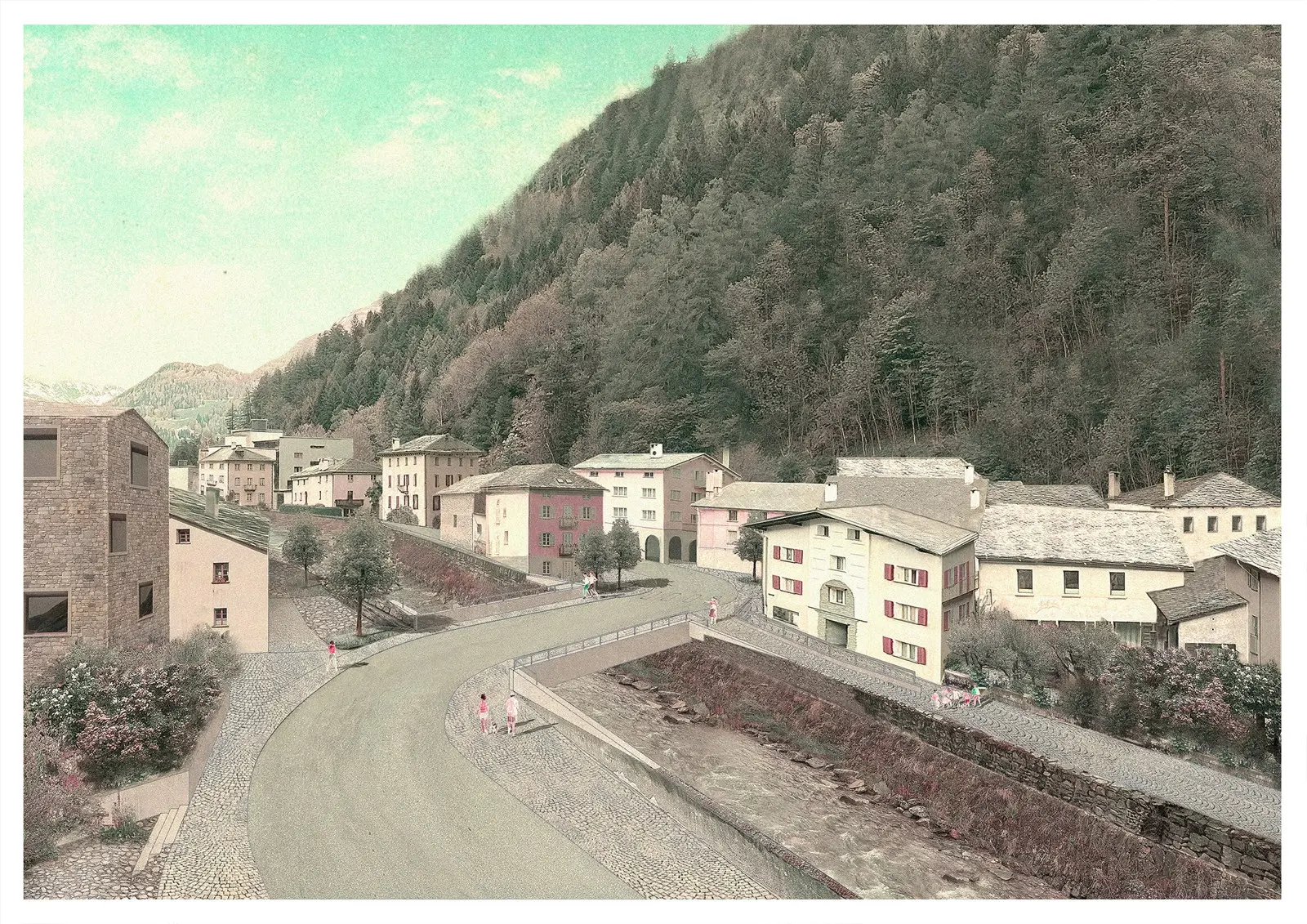 Un paesaggio montano con un villaggio composto da case tradizionali, alberi verdi e una strada che si snoda tra gli edifici. L'atmosfera è tranquilla e serena, con colori tenui e una leggera sfumatura vintage.