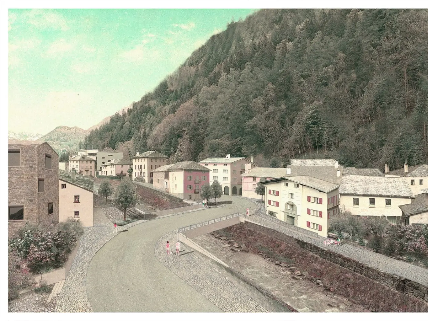 Veduta panoramica di un borgo montano, con edifici colorati e strade acciottolate. Sullo sfondo, montagne verdi coprono il panorama. Alcune persone passeggiano lungo la strada. La scena ha un aspetto vintage con toni pastello.
