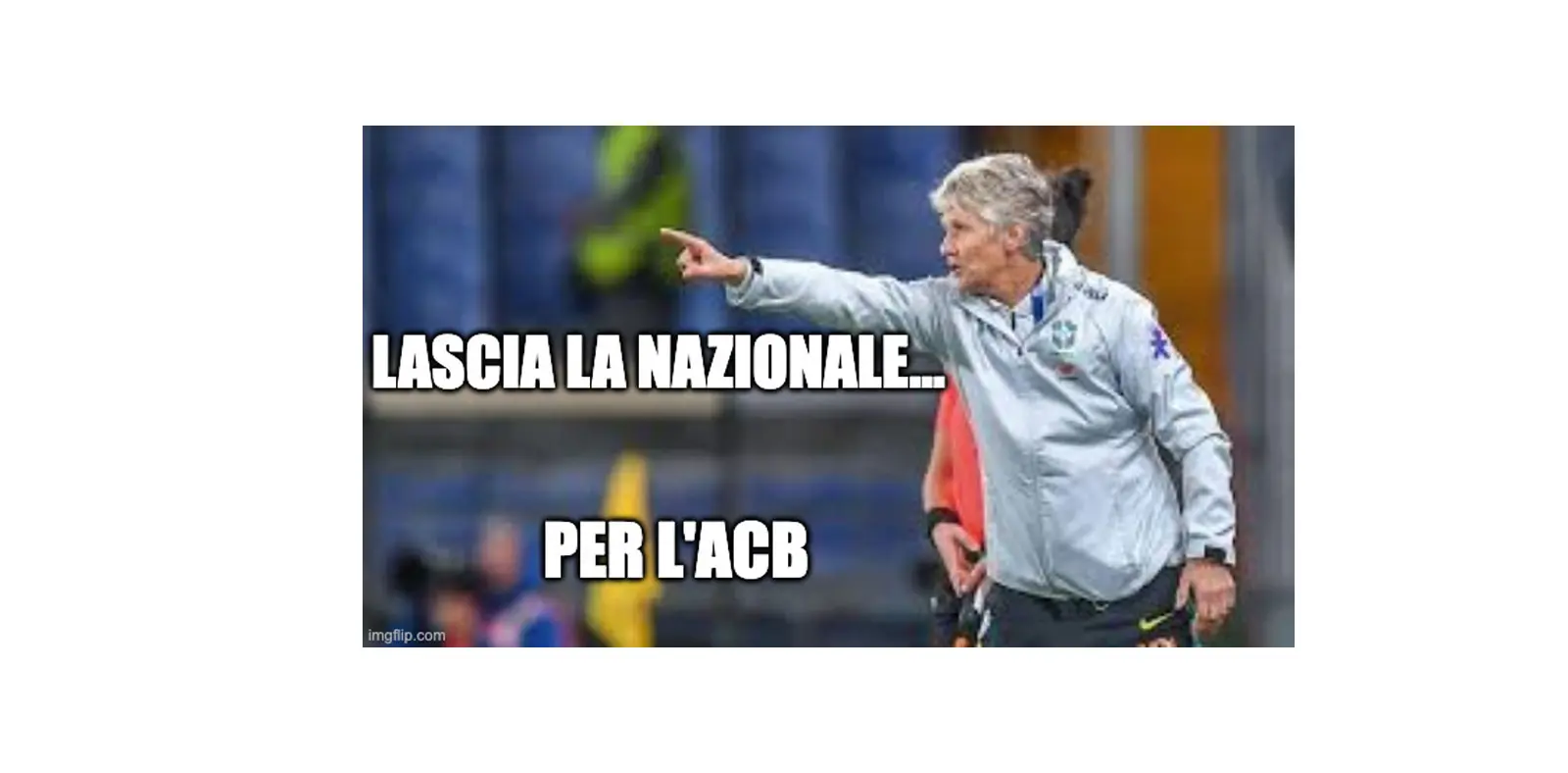 Una donna di mezza età, con capelli grigi raccolti, punta con determinazione mentre parla. Sullo sfondo si intravede un campo di calcio. Il testo recita: "Lascia la nazionale... per l'ACB".