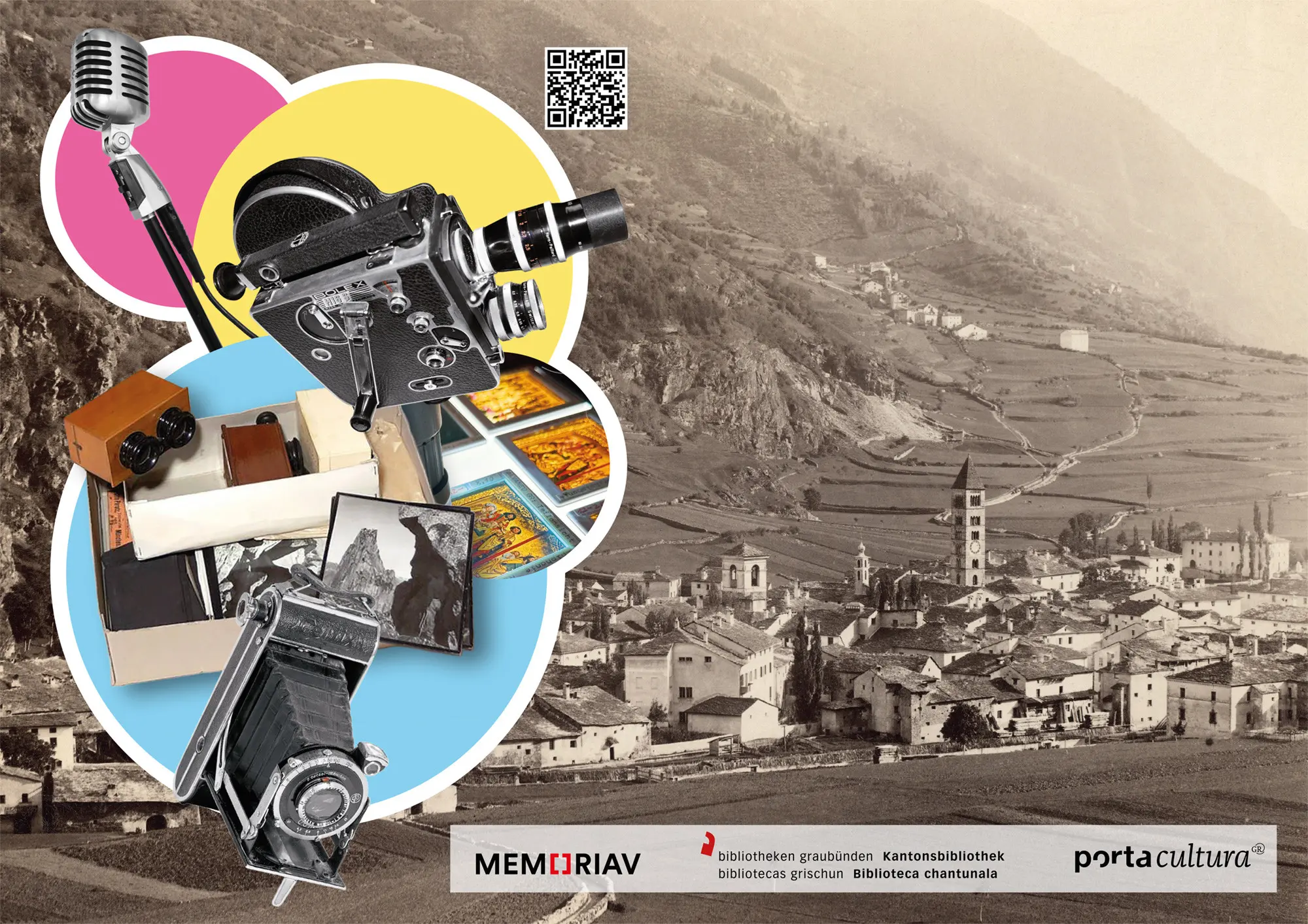 Collage di diversi oggetti storici, tra cui una macchina da presa, un microfono e vecchie fotografie, su uno sfondo che mostra un paesaggio montano con un villaggio.