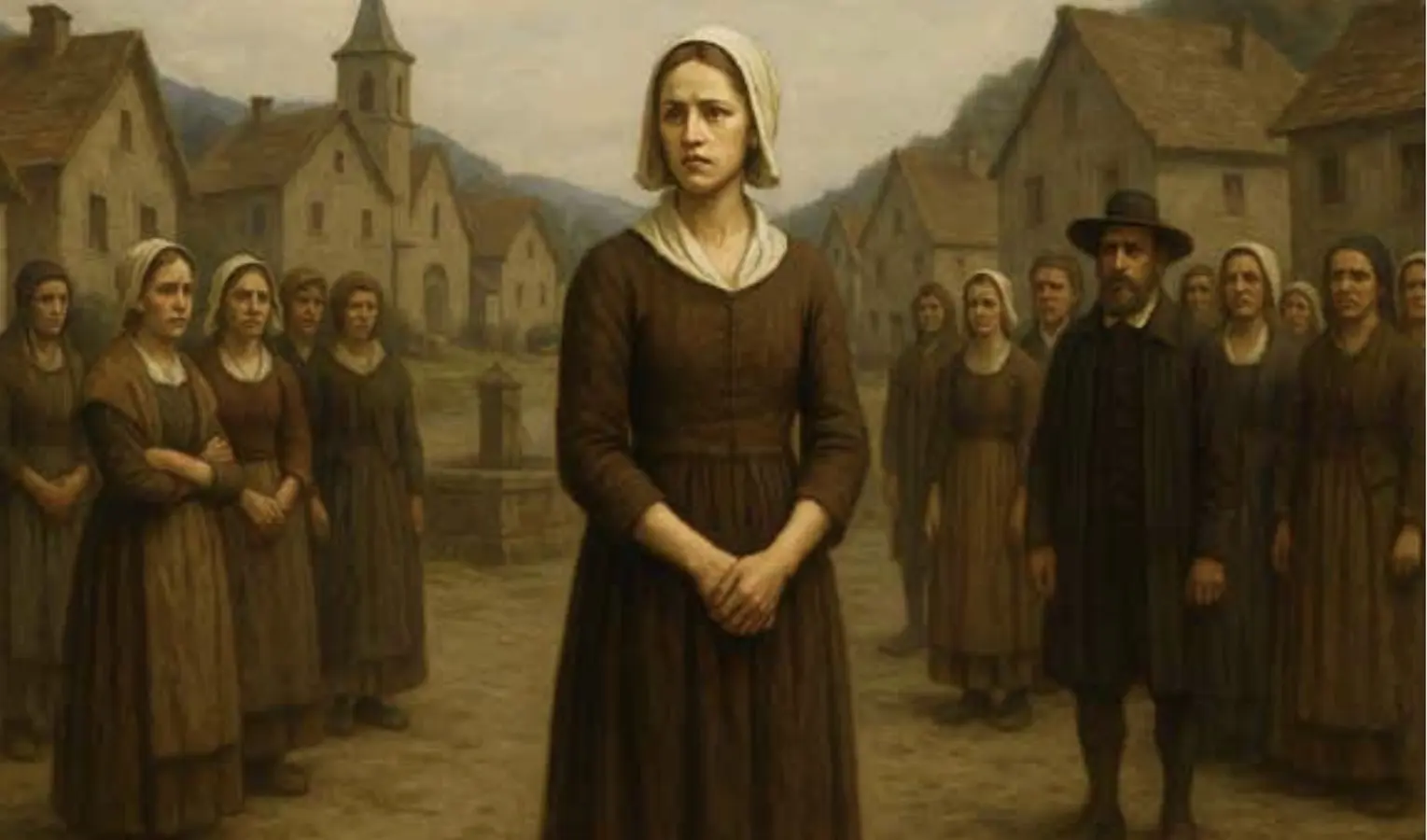 Una donna in primo piano, con espressione preoccupata, indossa un abito semplice e un cappello bianco. Dietro di lei, un gruppo di persone in abiti storici la osserva, in un ambiente rurale con case di pietra e una chiesa sul