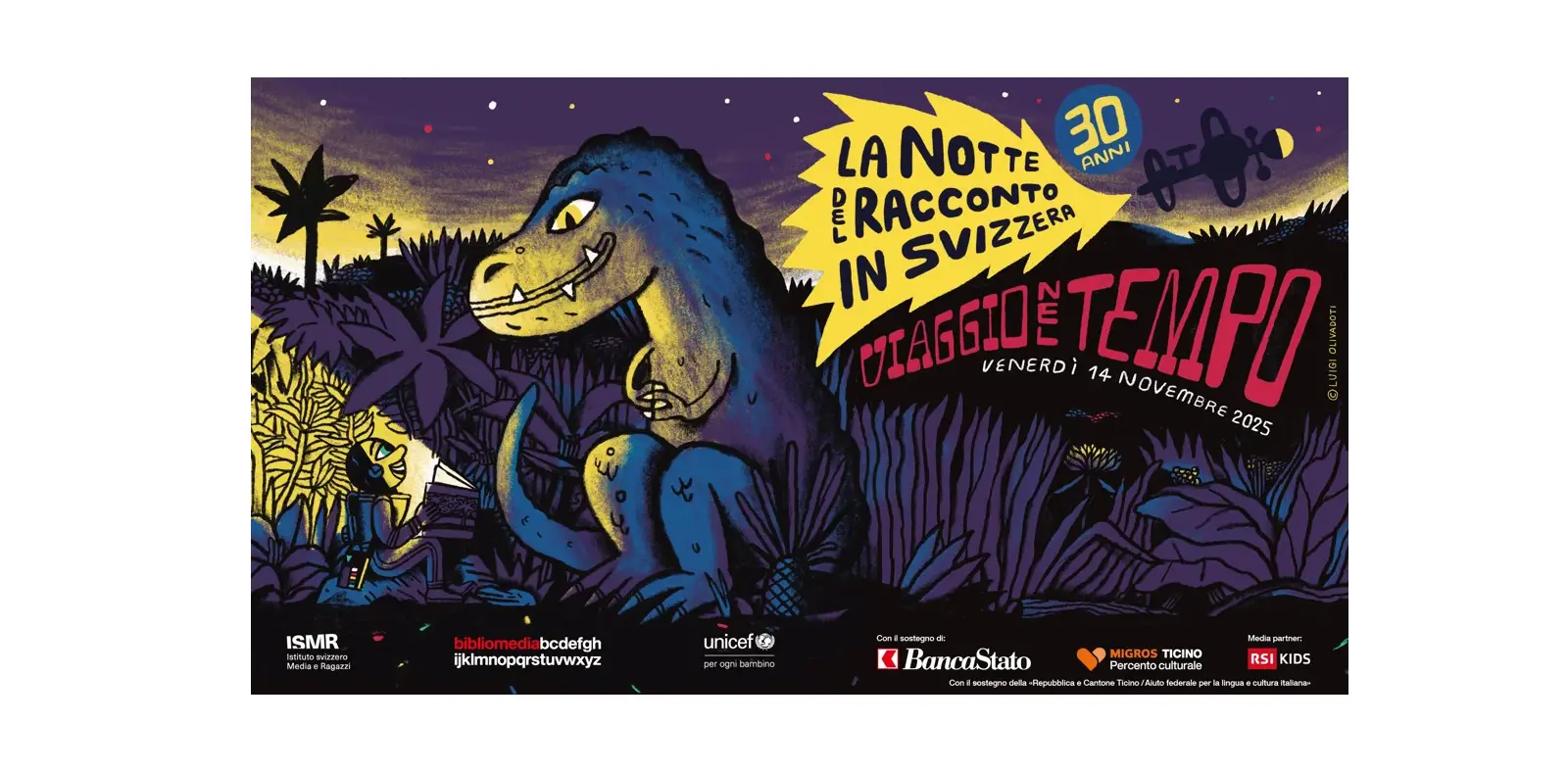 Un poster colorato per un evento chiamato "La notte del racconto in Svizzera". Presenta un dinosauro e un personaggio in un ambiente notturno e fantastico, con elementi di natura e un'atmosfera avventurosa. La data dell'evento è il