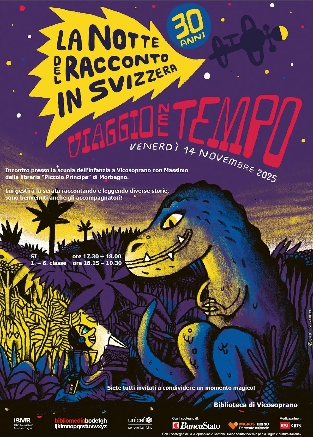 Locandina colorata per un evento chiamato "La notte del racconto in Svizzera". Rappresenta un dinosaurio in un paesaggio notturno, con alberi e stelle. La data e l'orario dell'evento sono evidenziati, insieme ai dettagli
