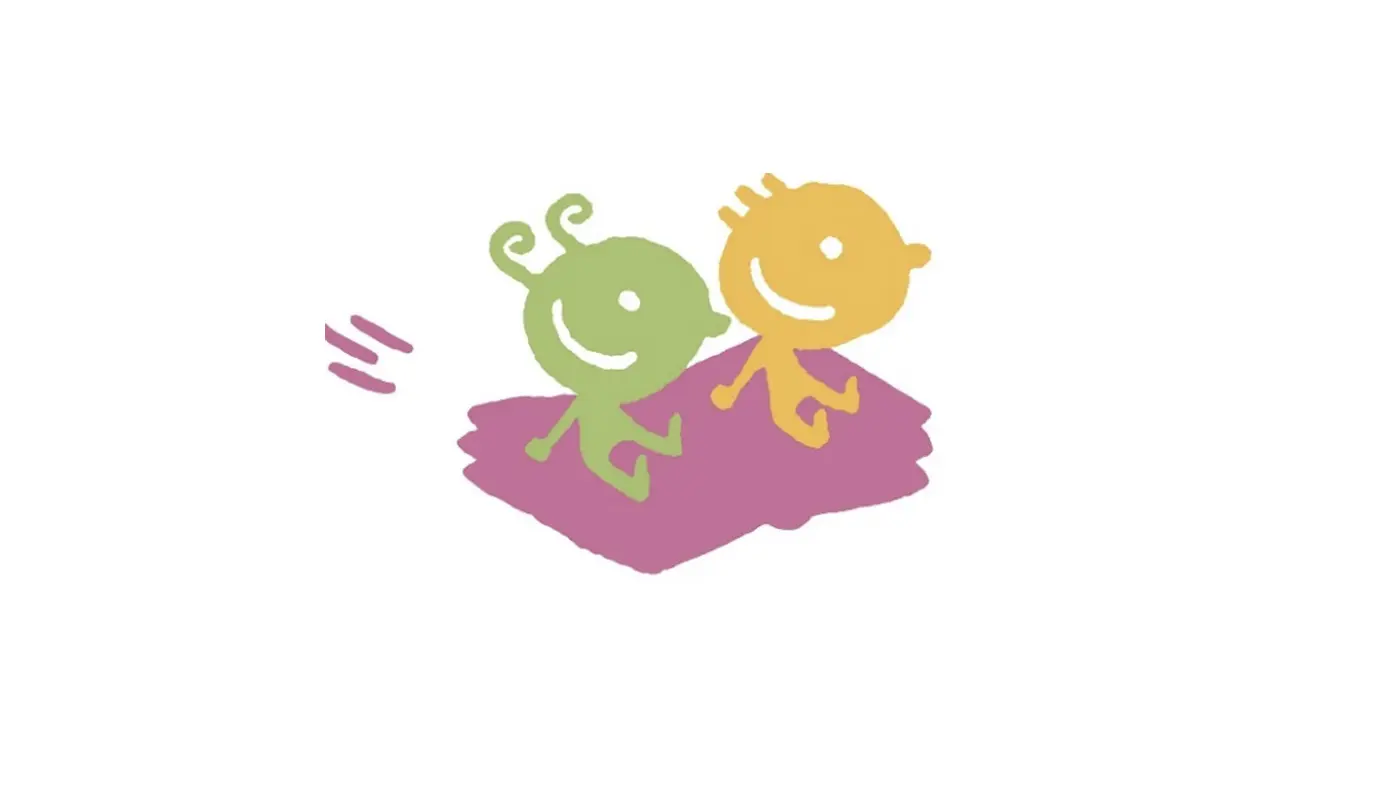 Due personaggi stilizzati, uno verde e uno giallo, che camminano felici su uno sfondo bianco.