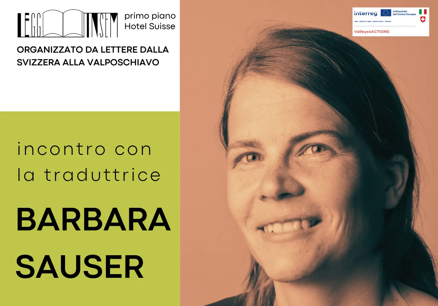 Incontro con la traduttrice Barbara Sauser. Sfondo arancione con dettagli grafici e informazioni sull'evento.