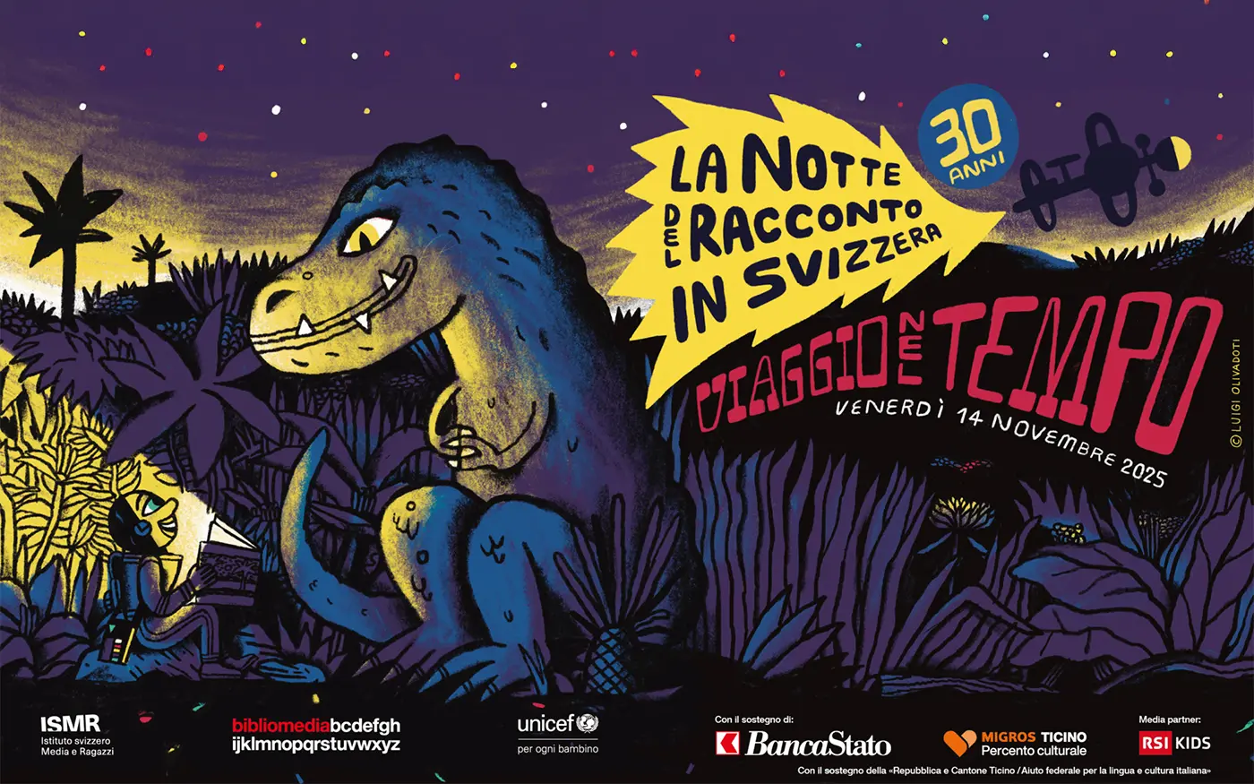 Un'illustrazione colorata e vivace rappresenta un dinosauro in un paesaggio giungla, con elementi grafici e scritte che promuovono "La notte del racconto in Svizzera" per il 30° anniversario. Dettagli eccit