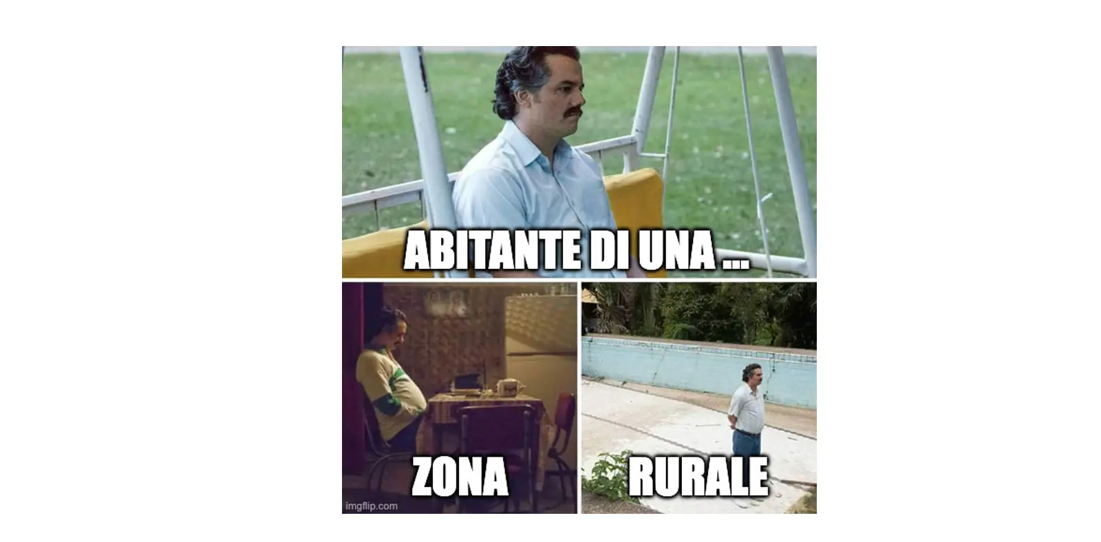 Un uomo seduto su una panchina, seguito da un'immagine di un uomo al computer in una stanza, e un'altra immagine di un uomo in un'area all'aperto. Testo in sovrimpressione: "ABITANTE DI UNA... ZONA RURALE