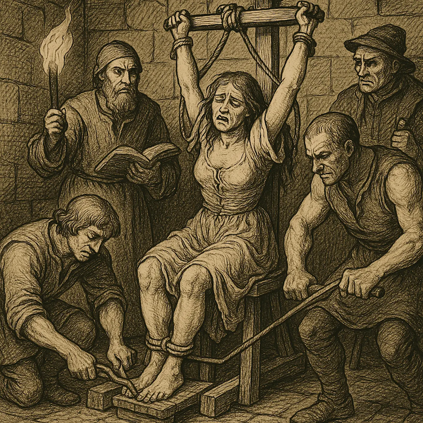 Una scena storica che rappresenta una donna legata e torturata in una cella buia, circondata da uomini che assistono all'azione. Un uomo legge un libro, mentre altri due tengono strumenti di tortura. I volti mostrano inquietudine e determin