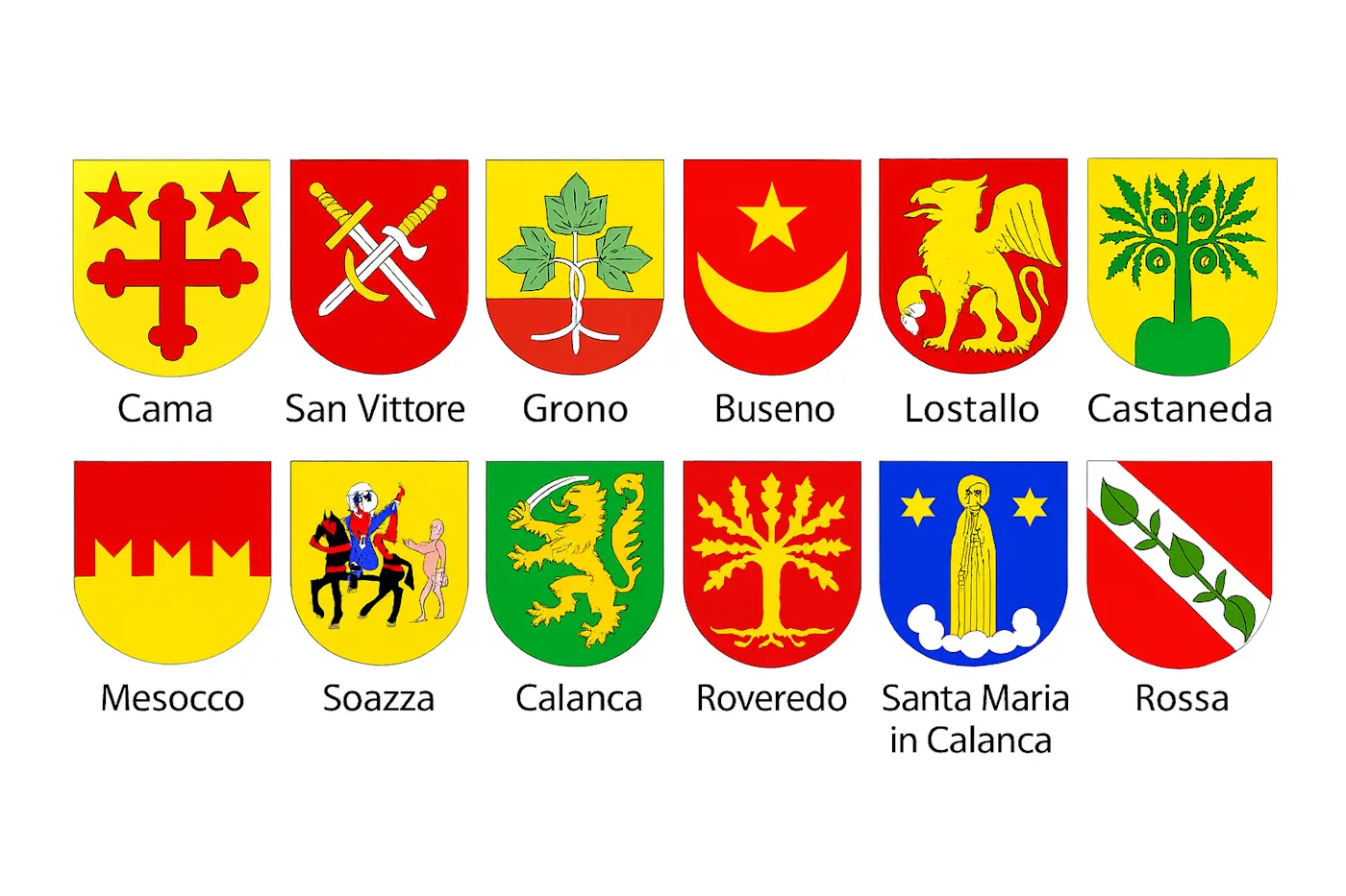 Scudi araldici di diversi comuni, con simboli e colori distintivi. In cima, da sinistra a destra: Cama, San Vittore, Grono, Buseno, Lostallo, Castaneda. In basso: Mesocco, Soazza, Calanca, Rover
