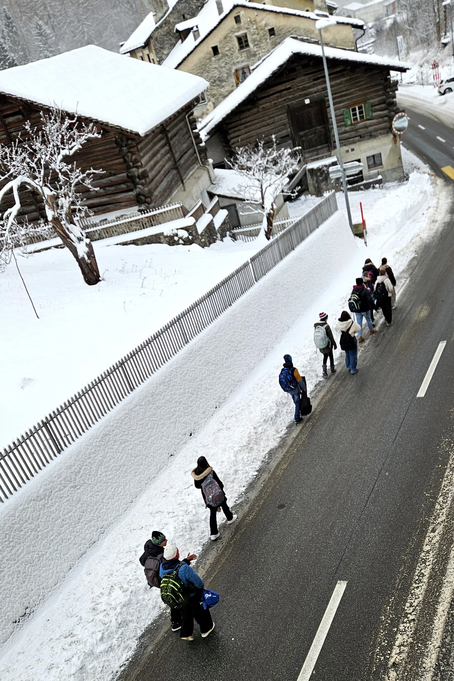 Un gruppo di persone cammina lungo una strada innevata, circondato da edifici in legno e alberi spogli. La scena è tipica di un paesaggio invernale.