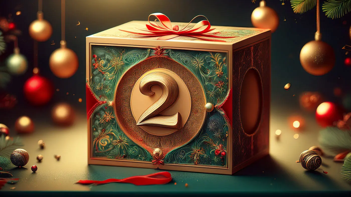 Scatola regalo decorata con un grande numero 2, ornata con motivi festivi e fiocchi rossi. Sfondo con palline natalizie e dettagli scintillanti.