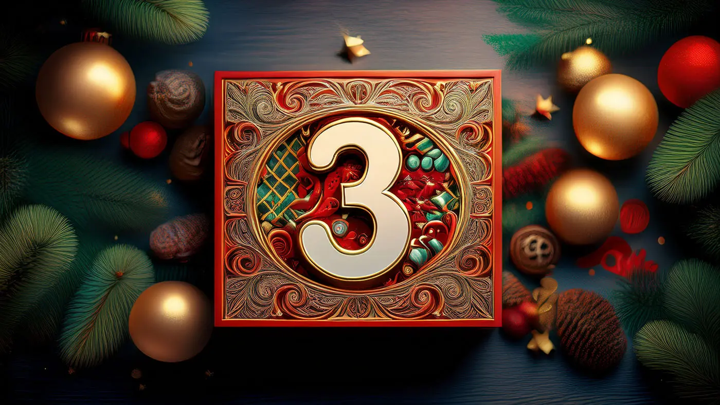 Una scatola festiva decorata con un grande numero 3, circondata da ornamenti natalizi, palline dorate e decorazioni della natura, come pigne e rametti di