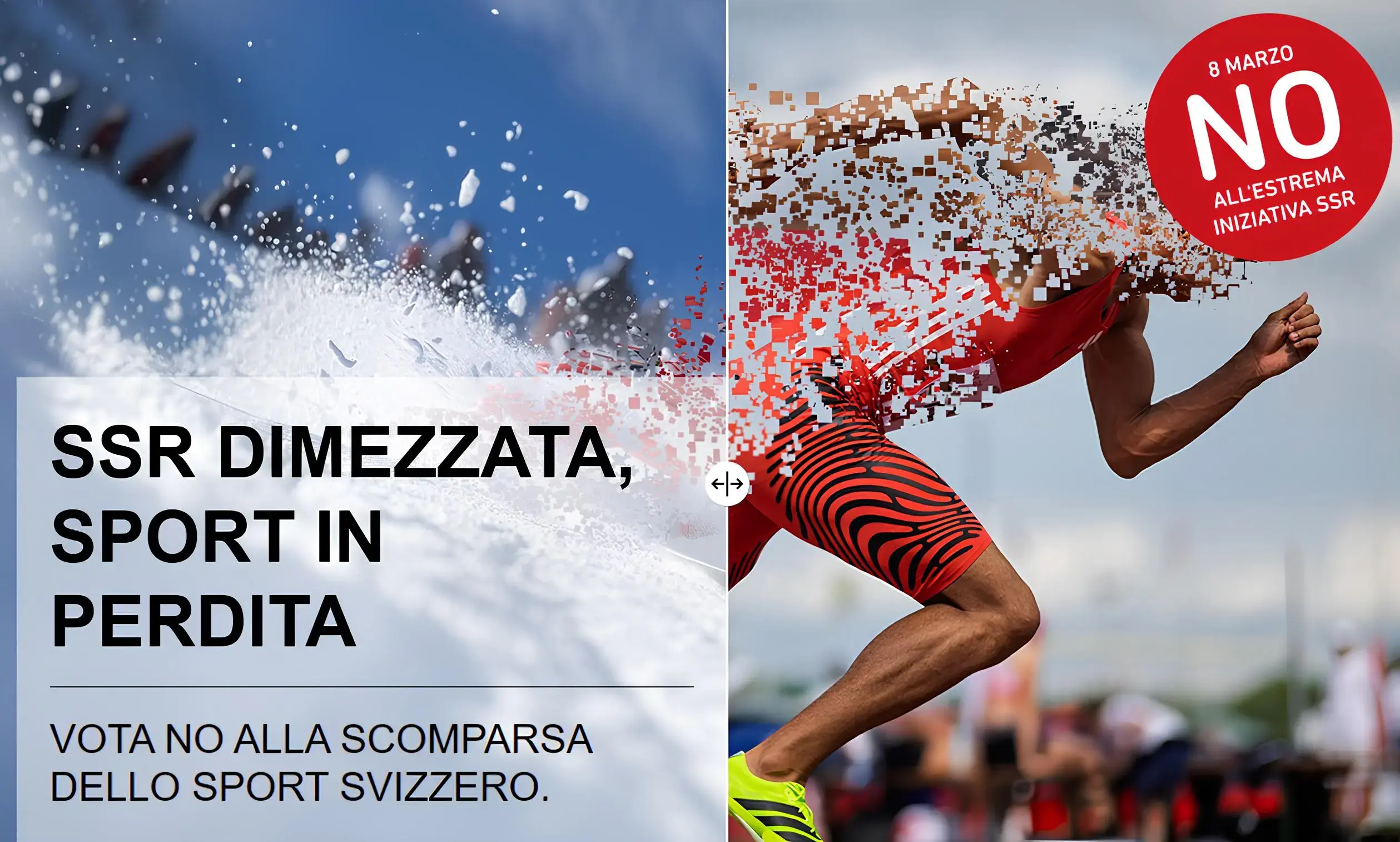 Un atleta sprinter in movimento su una pista di atletica, con un effetto di pixelizzazione che simboleggia la perdita. Testo promozionale che invita a votare contro l