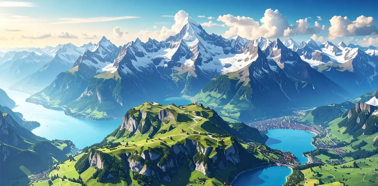 Panorama montano con cime innevate, colline verdi e laghi blu. Il cielo &egrave; sereno e le nuvole sono sparse. La scena trasmette bellezza naturale e seren