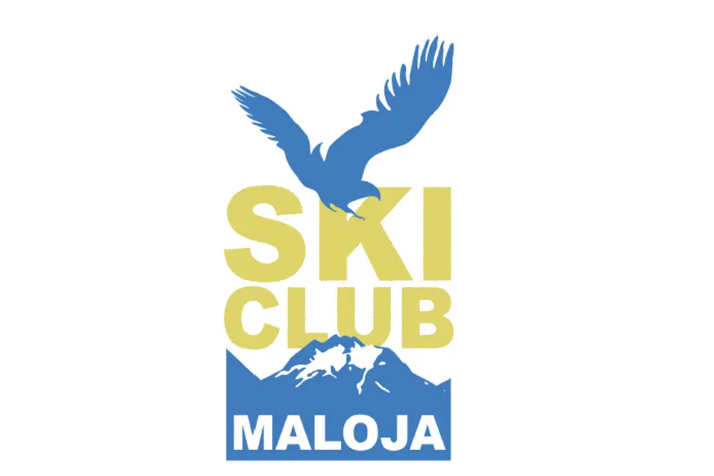 Logo del Ski Club Maloja, con un'aquila che vola sopra il testo "SKI CLUB" in giallo e un'immagine di montagne blu.