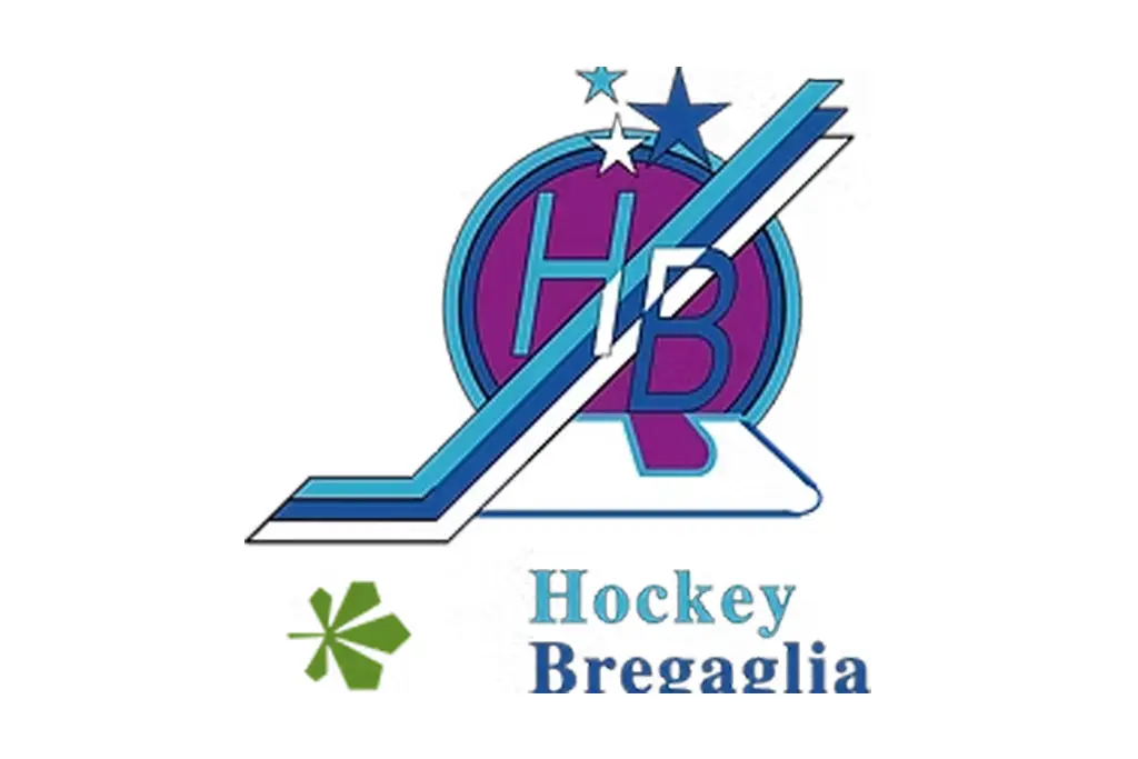 Logo dell'Hockey Bregaglia con le lettere "HB" stilizzate e una stecca da hockey. Include elementi grafici come stelle e un motivo colorato.
