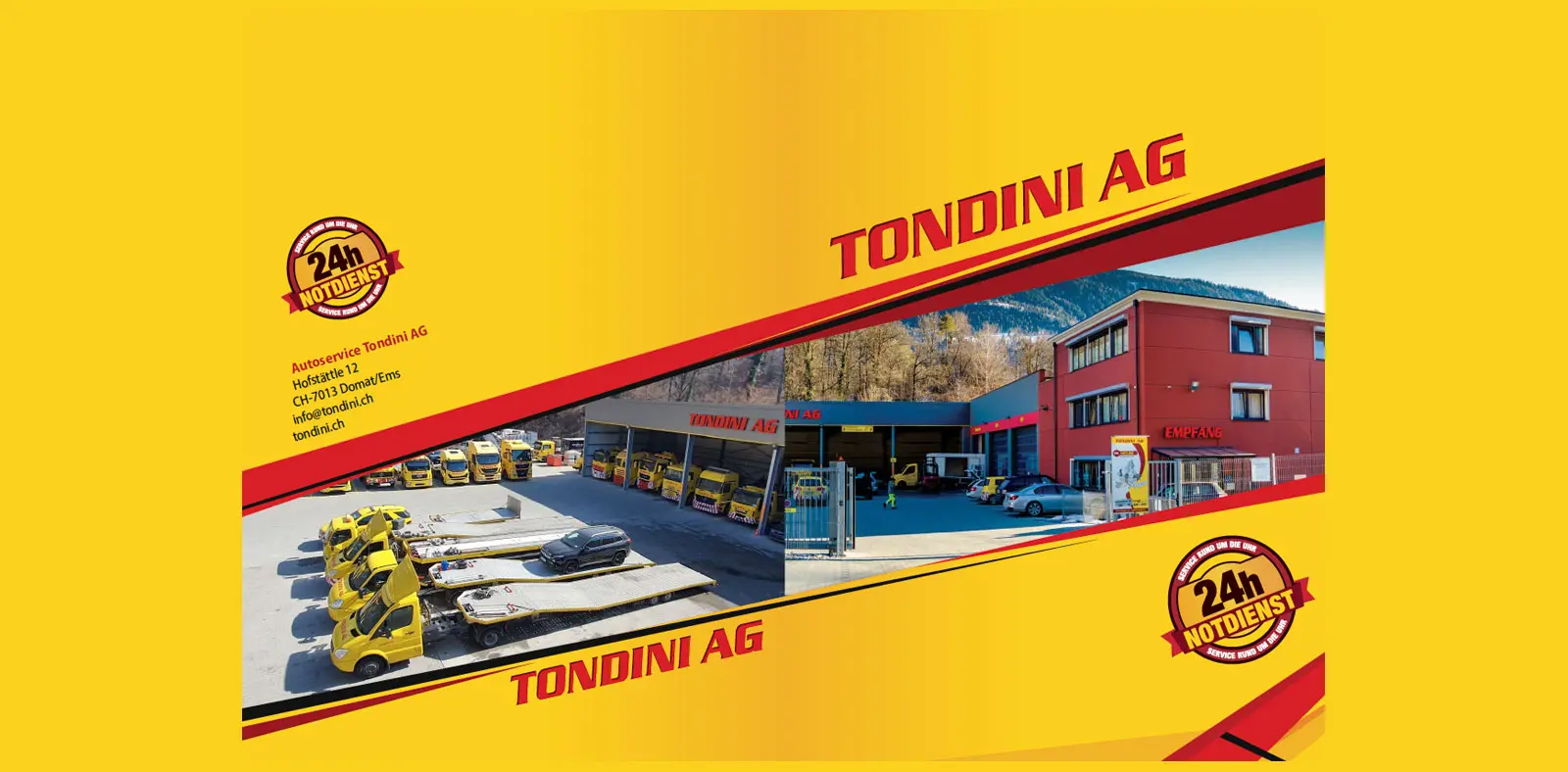 Un opuscolo promozionale di Tondini AG, con uno sfondo giallo e immagini di veicoli gialli parcheggiati davanti a un edificio aziendale. Il logo